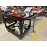 Uline Rolling Cart & Wooden Work Table w/ Contents