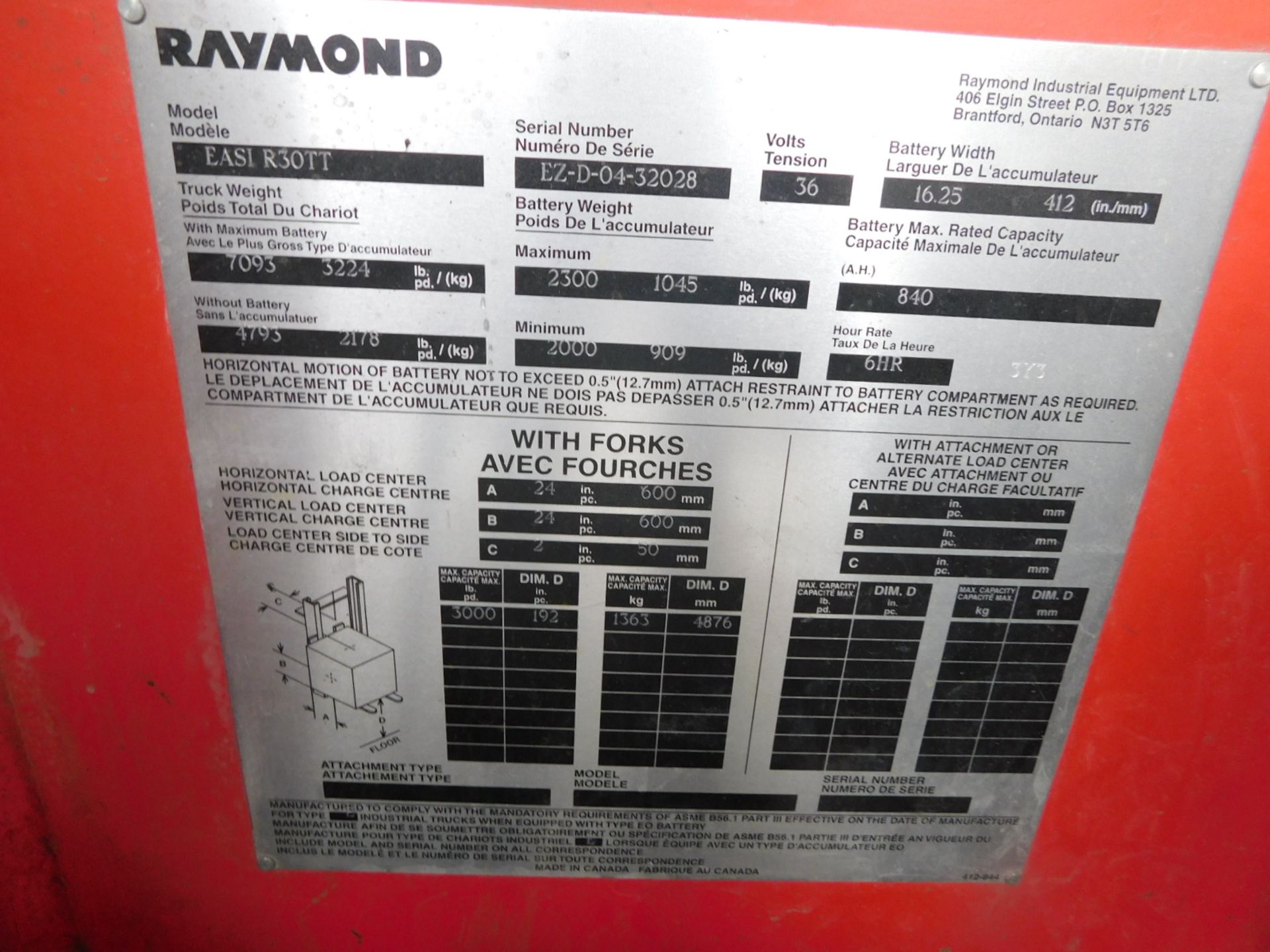 RAYMOND EASI R30TT NARROW ISLE REACH TRUCK, STAND-UP,3000LB, 192" LIFT,S/N EZ-D-04-32028, C/W - Image 5 of 6