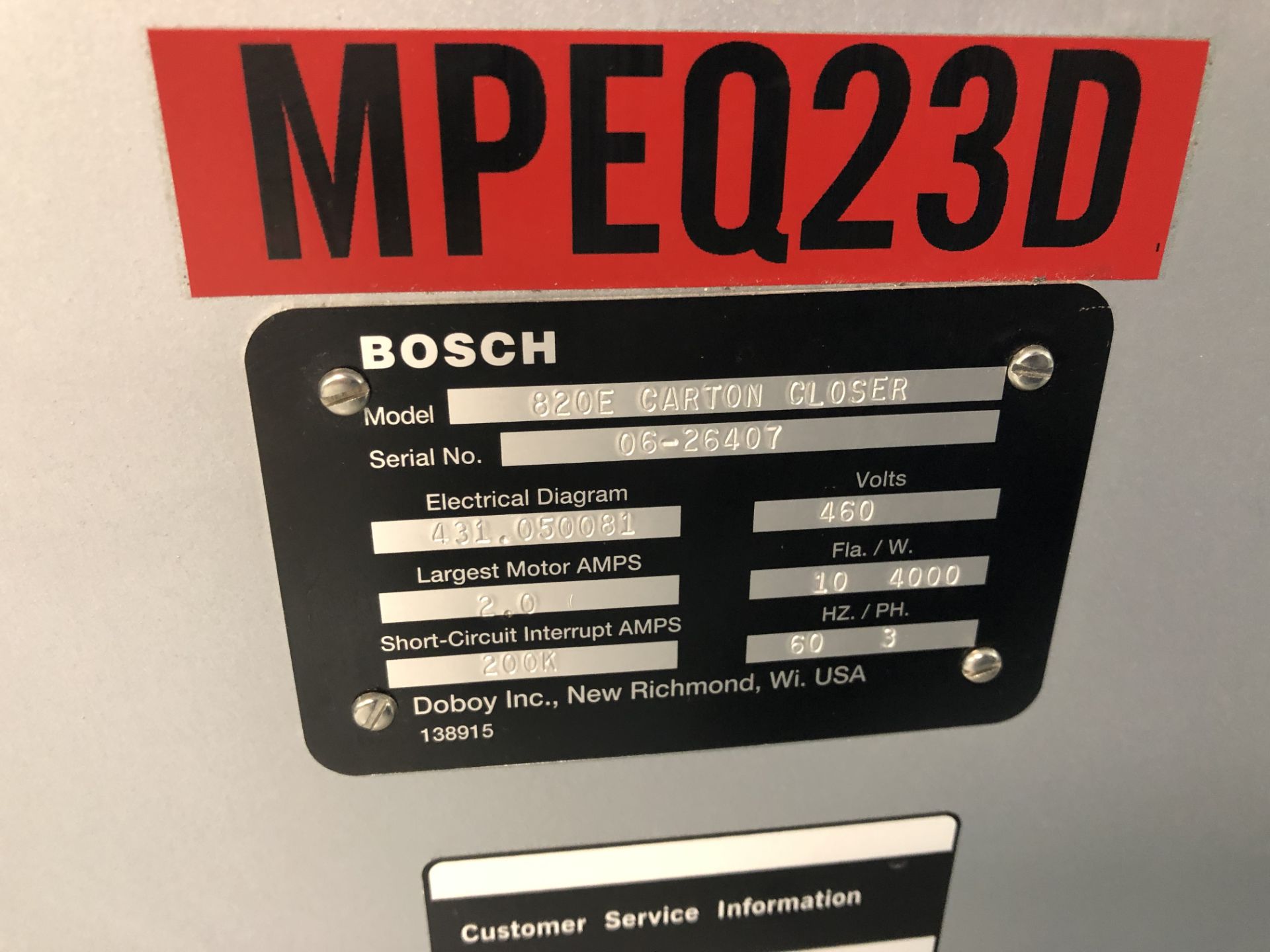 Bosch Doboy model 820E Carton Closer with Nordson Hot Melt Unit, serial#06-26407 built 2006 ~ - Image 2 of 16