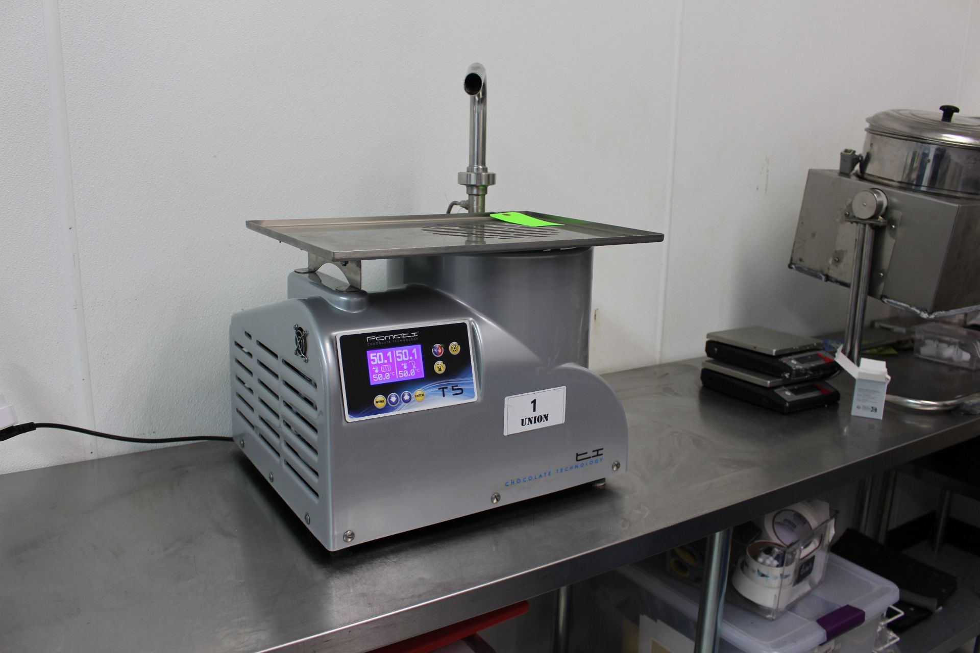 Pomati model T5 Temperatrice 5-kg table top tempering unit with dispensing tube, with