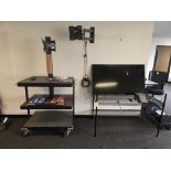 WIRE RACK & TV STAND WITH TV & CONTENTS