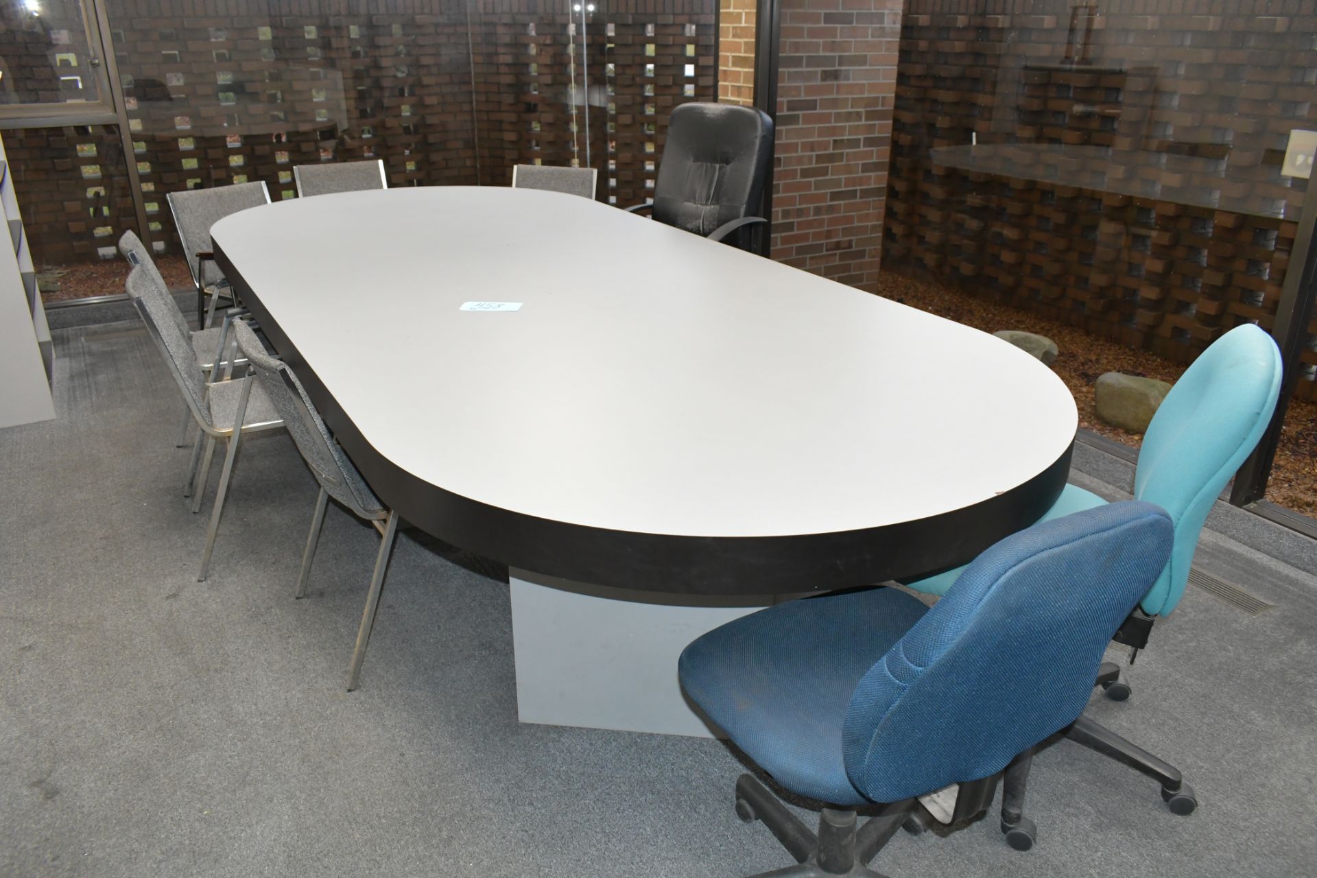 12' x 5' Oval Conference Table with (9) Various Chairs, Bookcase, and (2) Stands