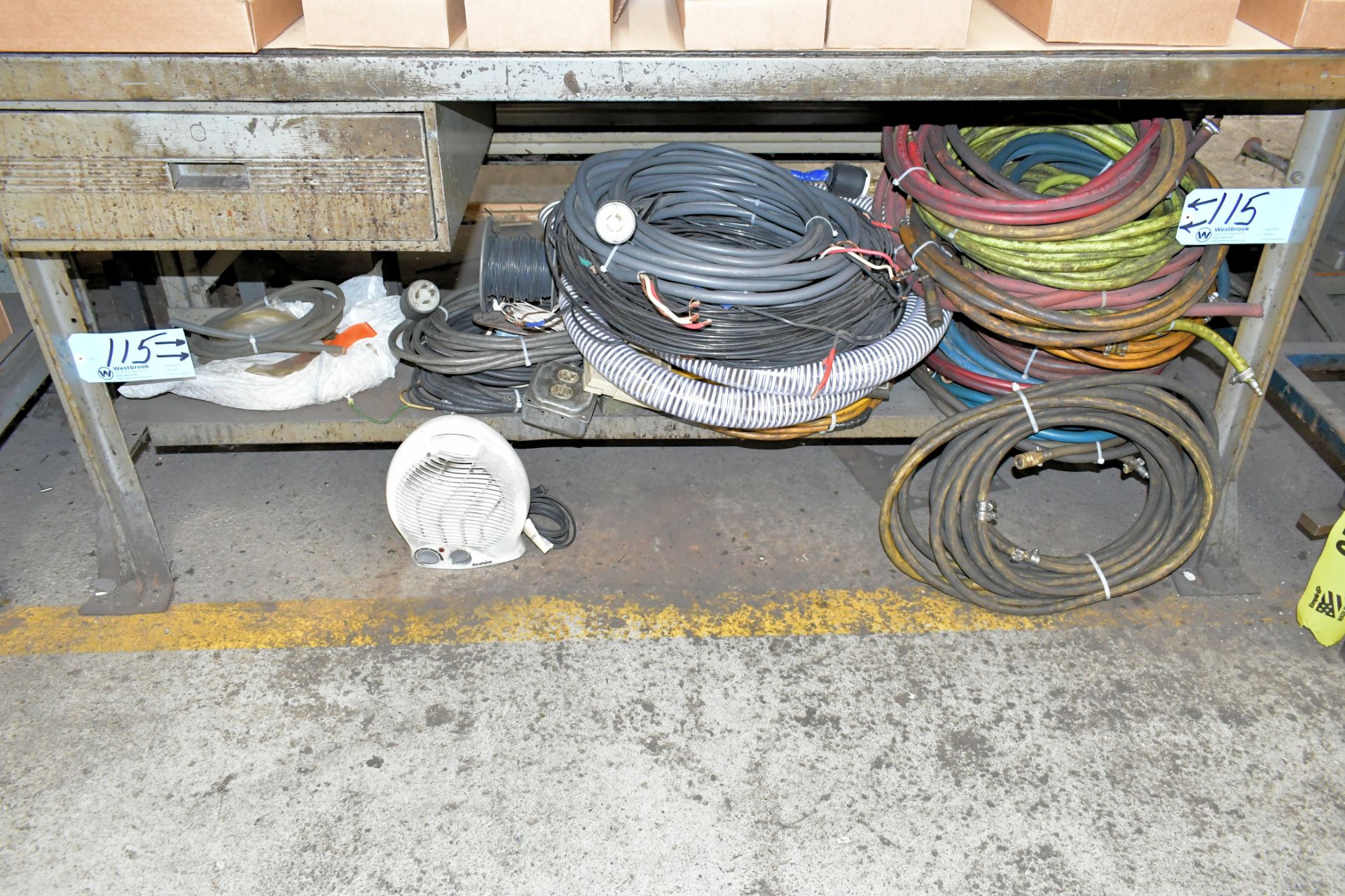 Lot-Air Hoses, Extension Cords, Wire, Exhaust Hose, Plastic Tubing, and Fan Under (1) Bench