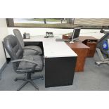 Lot-(3) Desks, (3) Chairs, and (1) File Cabinet, (Phones Not Included)