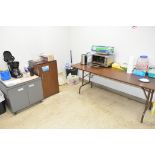 Lot-Small Office Refrigerator, (1) Table, (1) Stand, (1) Short Cabinet, (1) Coffee Maker, Etc.