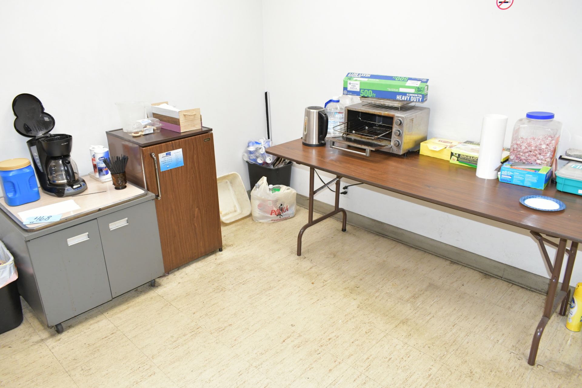 Lot-Small Office Refrigerator, (1) Table, (1) Stand, (1) Short Cabinet, (1) Coffee Maker, Etc.