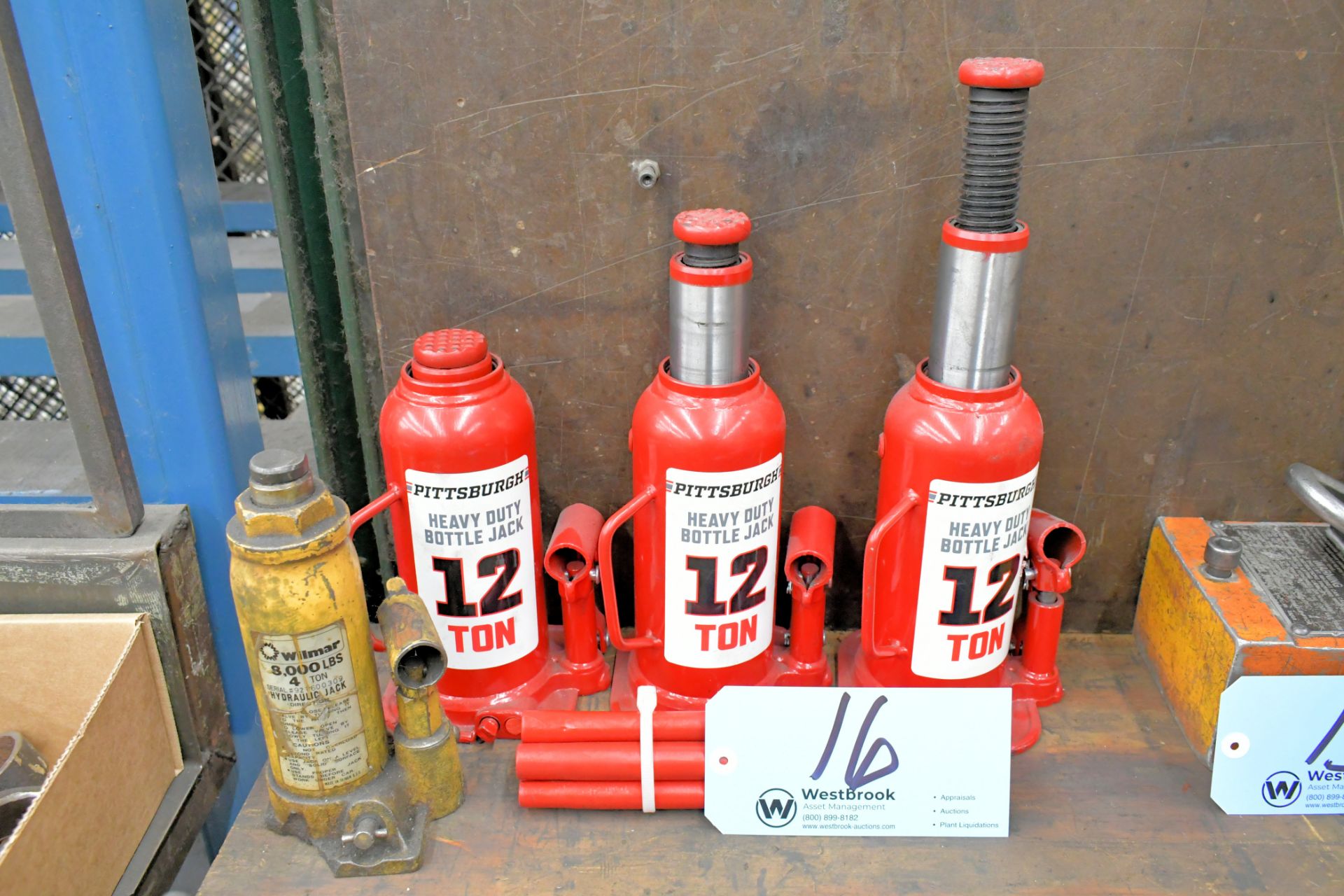 Lot-(3) Pittsburgh 12-Ton and (1) Wilmar 4-Ton Capacity Hydraulic Bottle Jacks with Handles