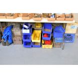 Lot-Plastic Parts Bins, Totes, Tarp, Etc. on Floor Under (1) Table
