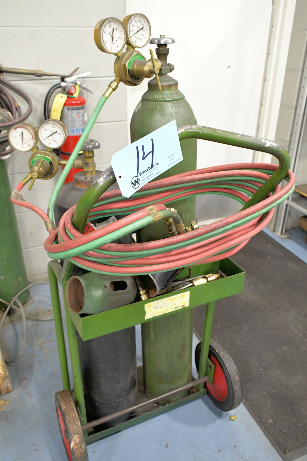 Lot-(1) Oxygen/Acetylene Tank Cart with Torches, Hose, Gages, (1) Oxygen and (1) Acetylene Tanks