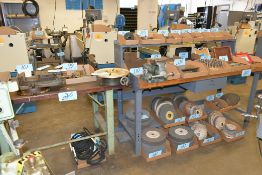 Lot-(4) Various Wood Top Work Benches in (1) Row (Includes Wilton Vise Mounted to one Table)