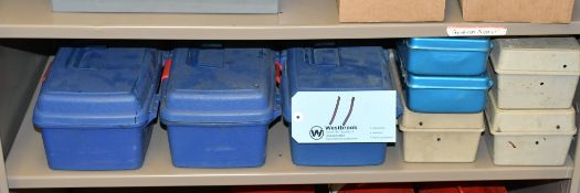 Lot-Plastic and Metal Tool Tote Boxes on (1) Shelf