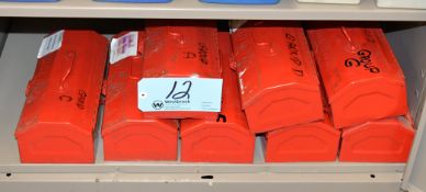Lot-(8) Red Metal Tool Tote Boxes on (1) Shelf