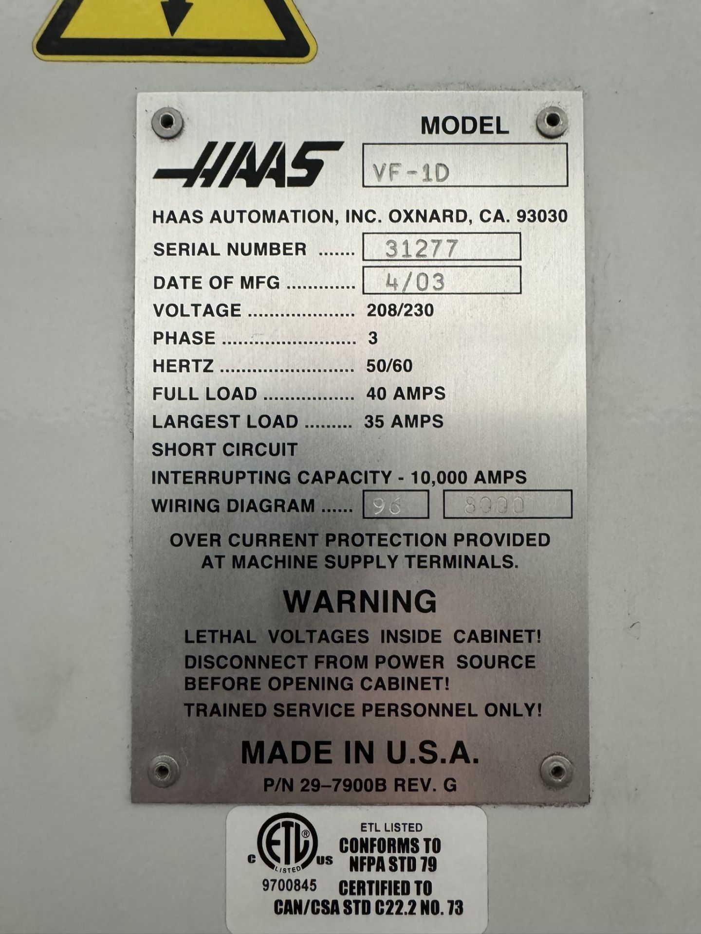 Haas VF1 Vertical Machining Center, 15,000 RPM, 40 Taper, - Image 8 of 8