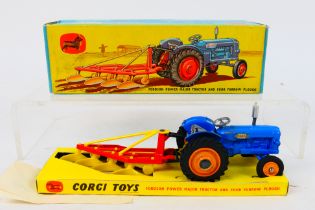 Corgi - A boxed Fordson Power Major tractor with dull orange wheels and four furrow plow from