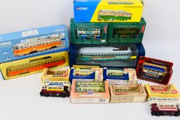 Corgi - Matchbox - Peak Horse - Lledo - A mainly boxed group of diecast model trams and railcars in