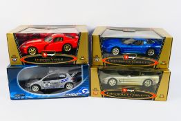 Solido - Bburago - 4 x boxed cars in 1:18 scale, Peugeot 206 WRC # 202, Chevrolet Corvette # 3356,