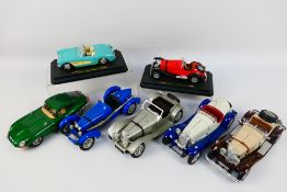 Bburago - 7 x unboxed cars including Jaguar SS100, Bugatti Type 59, Alfa Romeo 2300 and others.