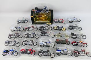 Maisto - A collection of 25 x Harley Davidson motorcycles in 1:18 scale with display case,