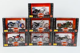 Maisto - Seven boxed Maisto 1:18 scale diecast Harley Davidson motorcycles.