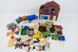 Britains - A collection of Britains farm equipment including Land Rover # 9676, barn, sty,