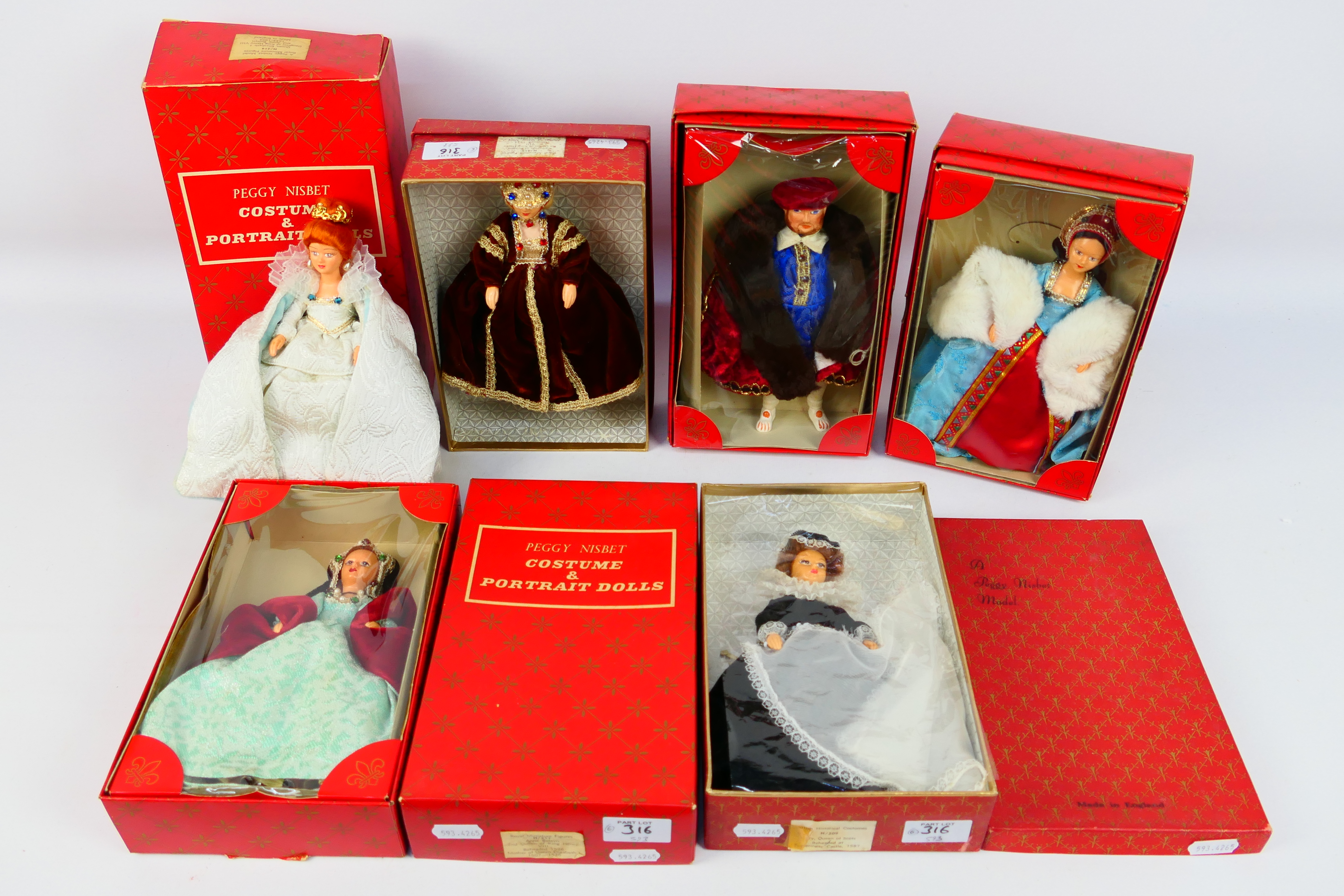 Peggy Nisbet - 6 x boxed costume dolls including, Ann of Cleves # H/222, Ann Boleyn # H217,