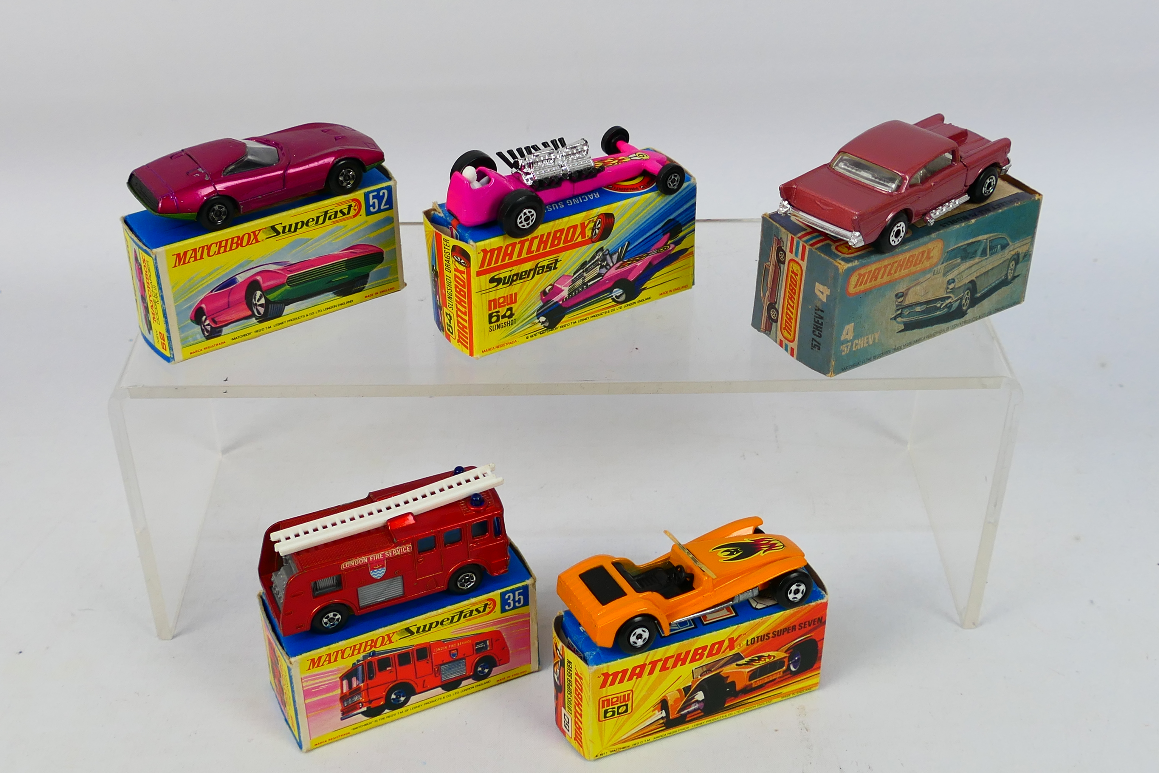 Matchbox - Superfast - 5 x boxed models, 57 Chevy # 4, Merryweather Fire Engine # 35, - Image 5 of 6
