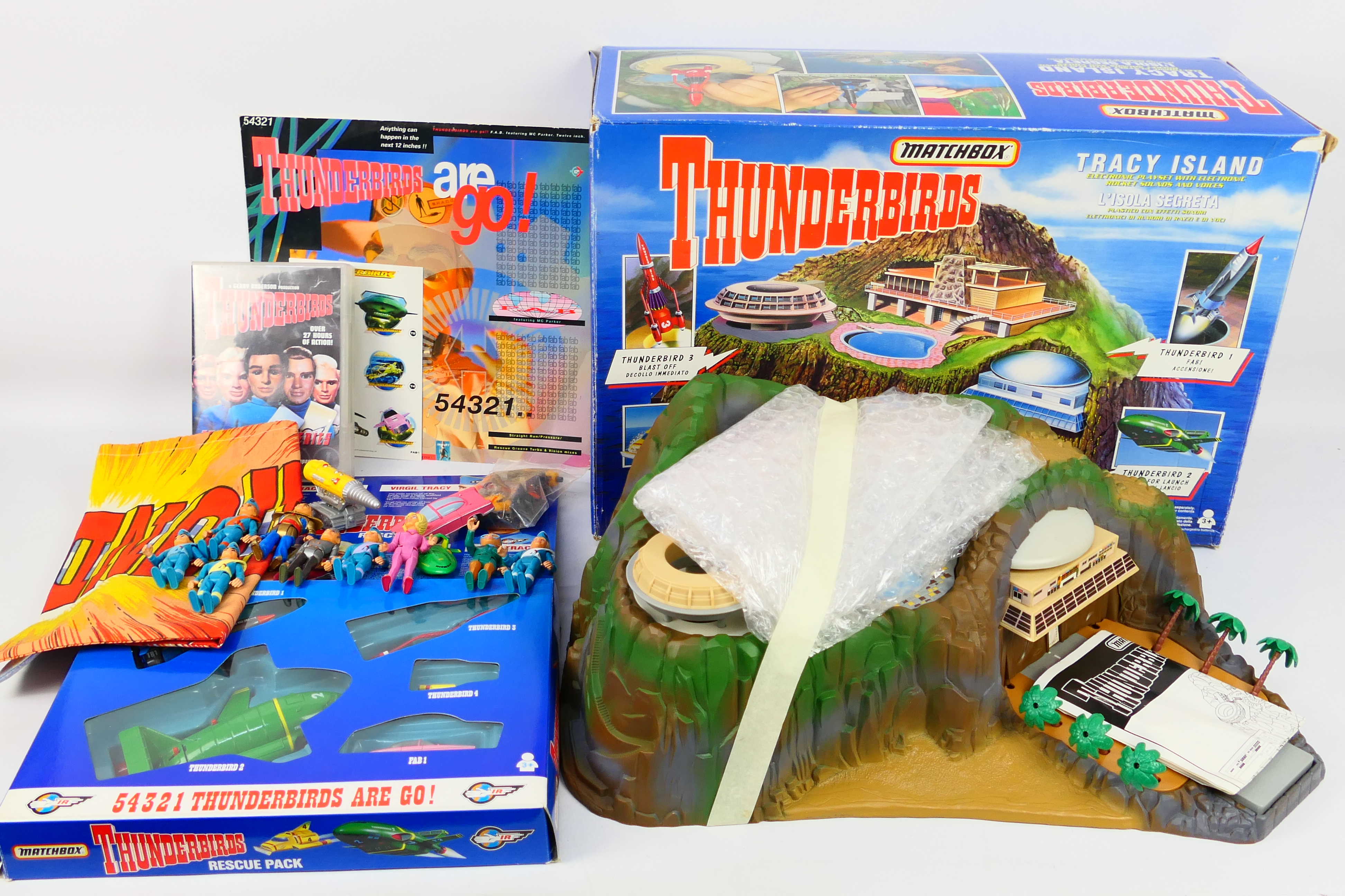 Matchbox - Thunderbirds - A boxed Tracy Island, a Rescue Pack, a 9 disc DVD set, a sticker sheet,