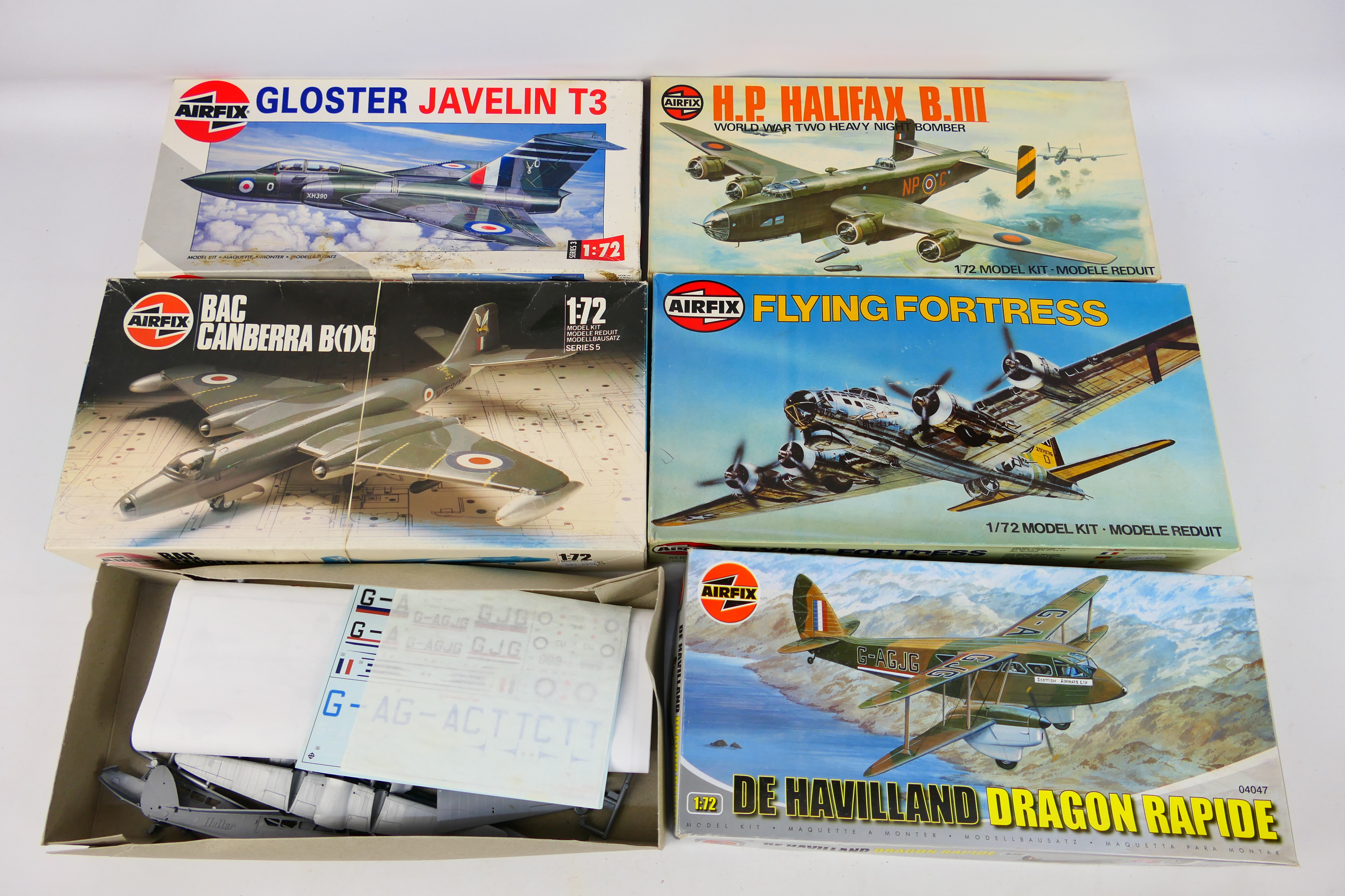 Airfix - 5 x boxed aircraft model kits in 1:72 scale, Gloster Javelin, De Havilland Dragon Rapide,