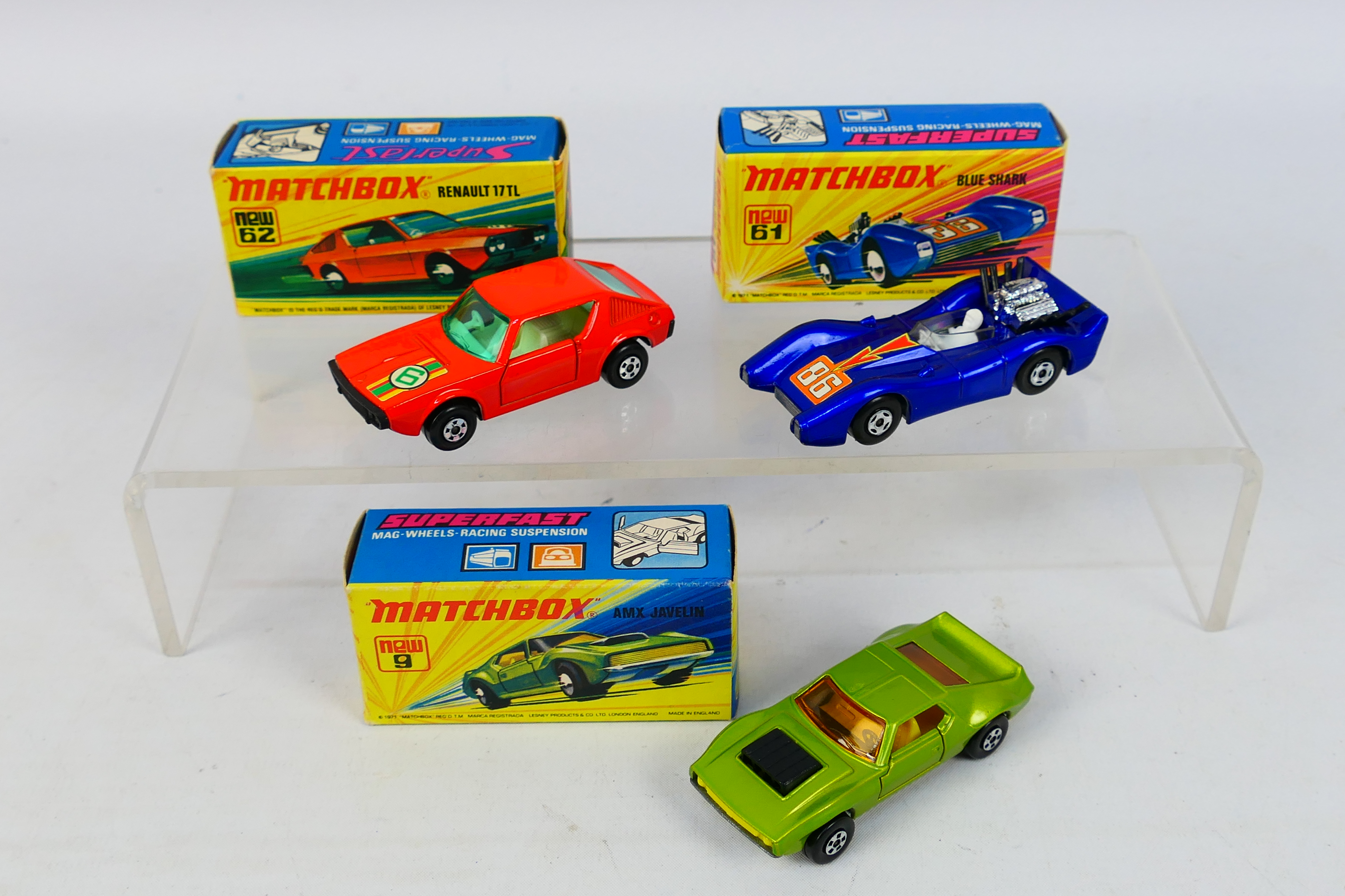 Matchbox - Superfast - 3 x boxed models, AMX Javelin # 9, Blue Shark # 61 and Renault 17TL # 62.