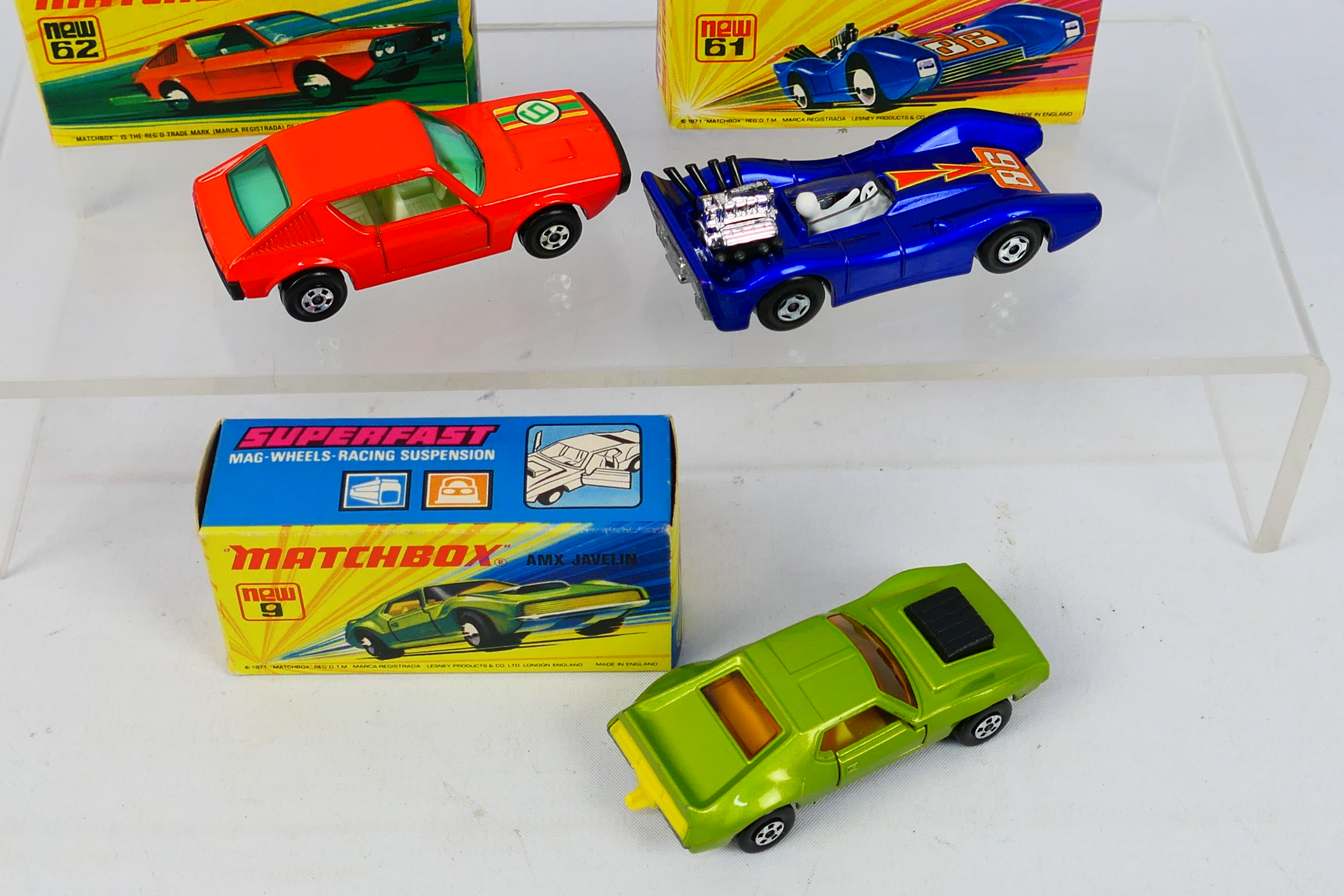 Matchbox - Superfast - 3 x boxed models, AMX Javelin # 9, Blue Shark # 61 and Renault 17TL # 62. - Image 5 of 6