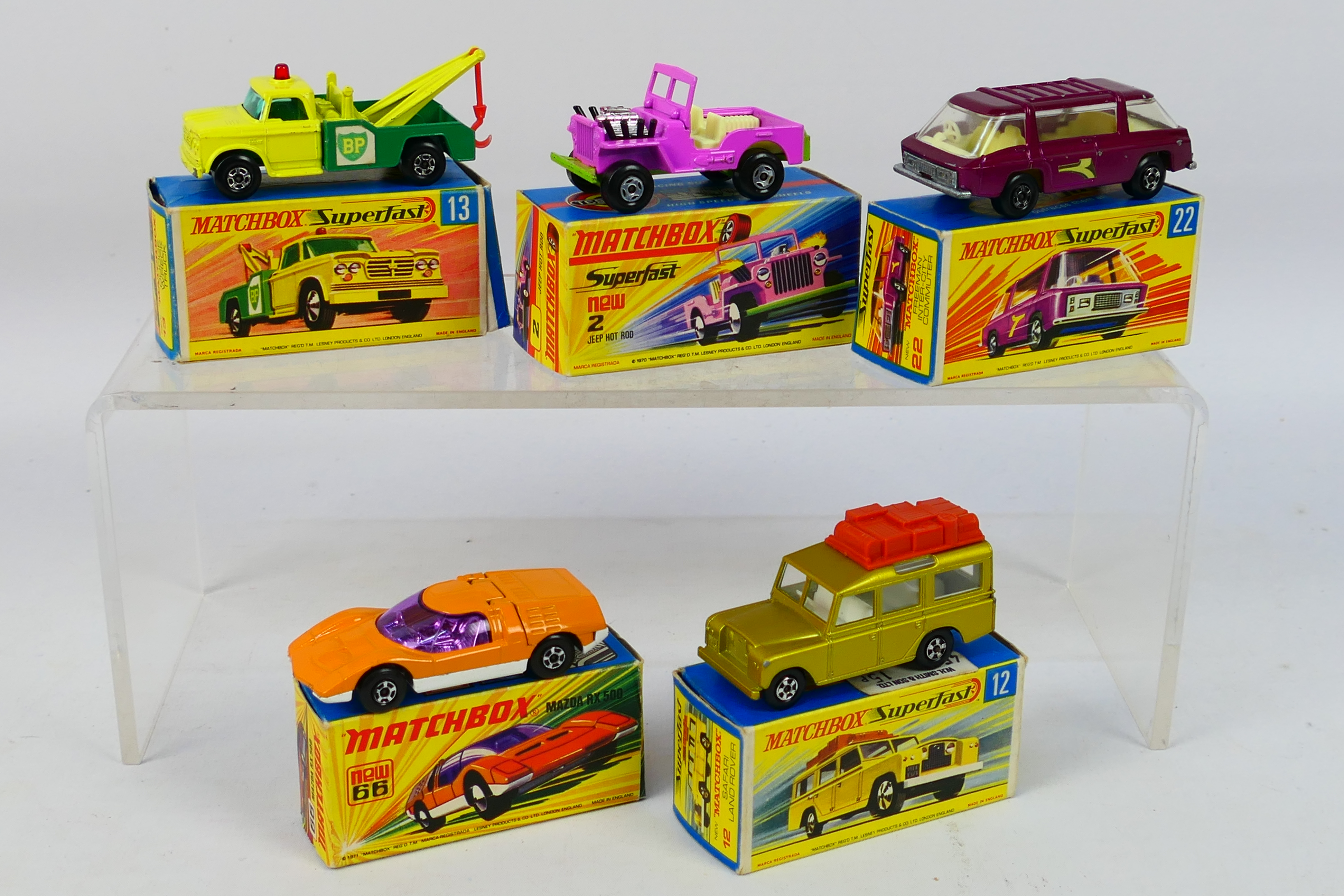 Matchbox - Superfast - 5 x boxed models, Jeep Hot Rod # 2, Land Rover Safari # 12,