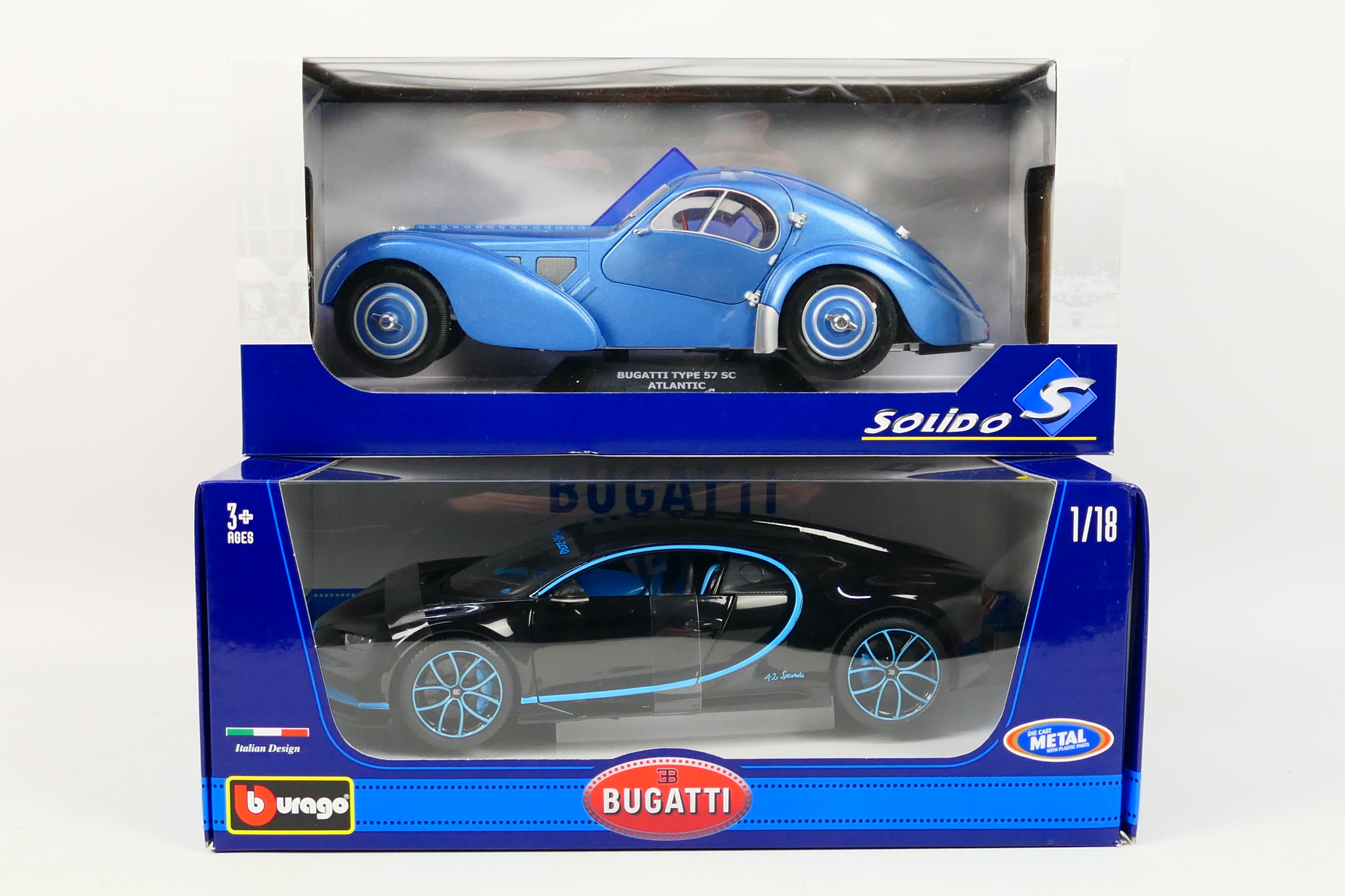 Solido - Bburago - Two boxed diecast 1:18 scale Bugatti model cars.