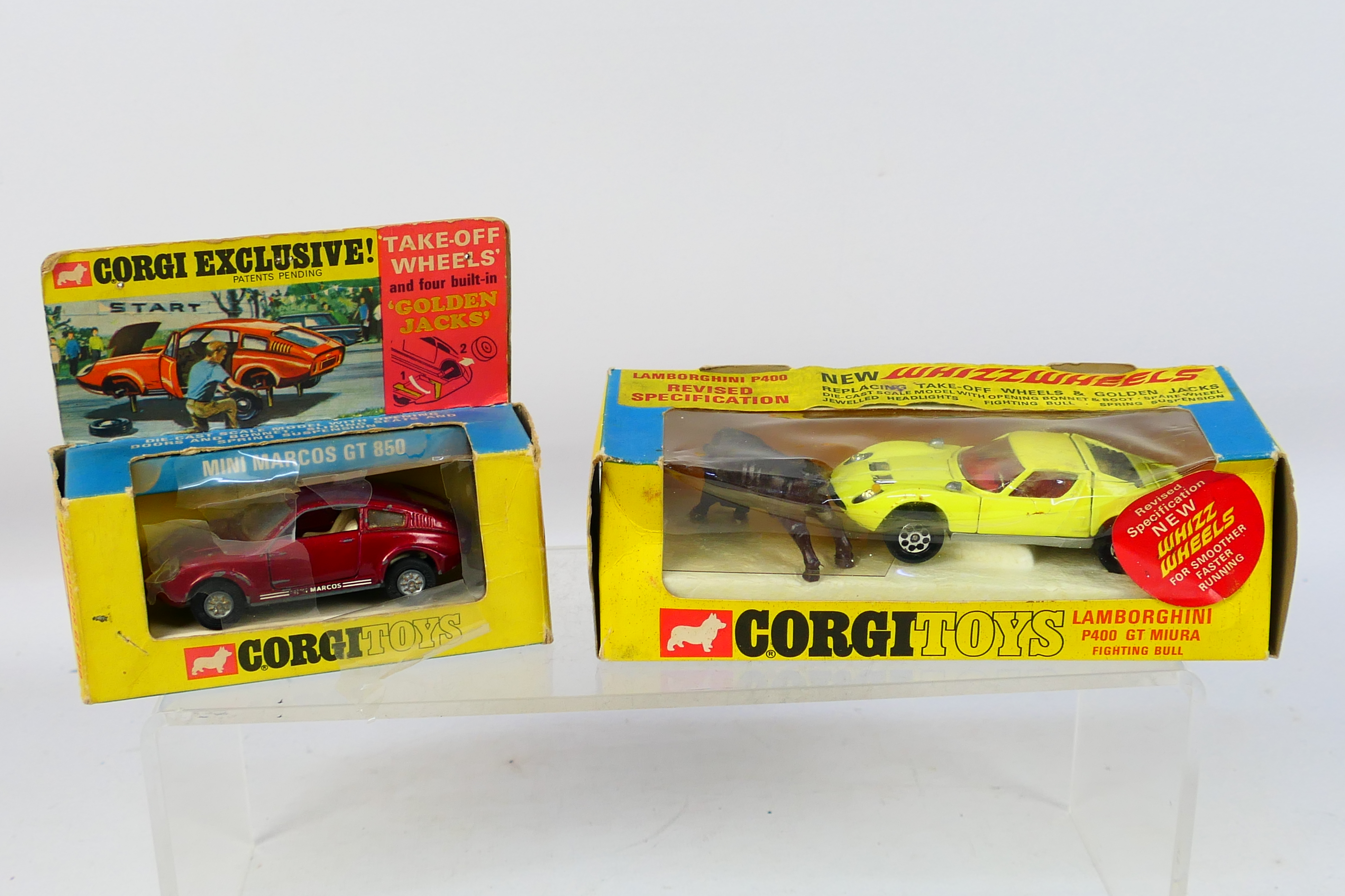 Corgi - Golden Jacks - 2 x boxed models, a Mini Marcos 850 GT # 341 and a Lamborghini Miura # 342.