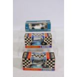 Scalextric - 3 x boxed vintage slot cars, Offenhauser Front Engine car in white # C.