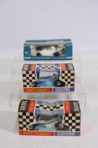 Scalextric - 3 x boxed vintage slot cars, Offenhauser Front Engine car in white # C.