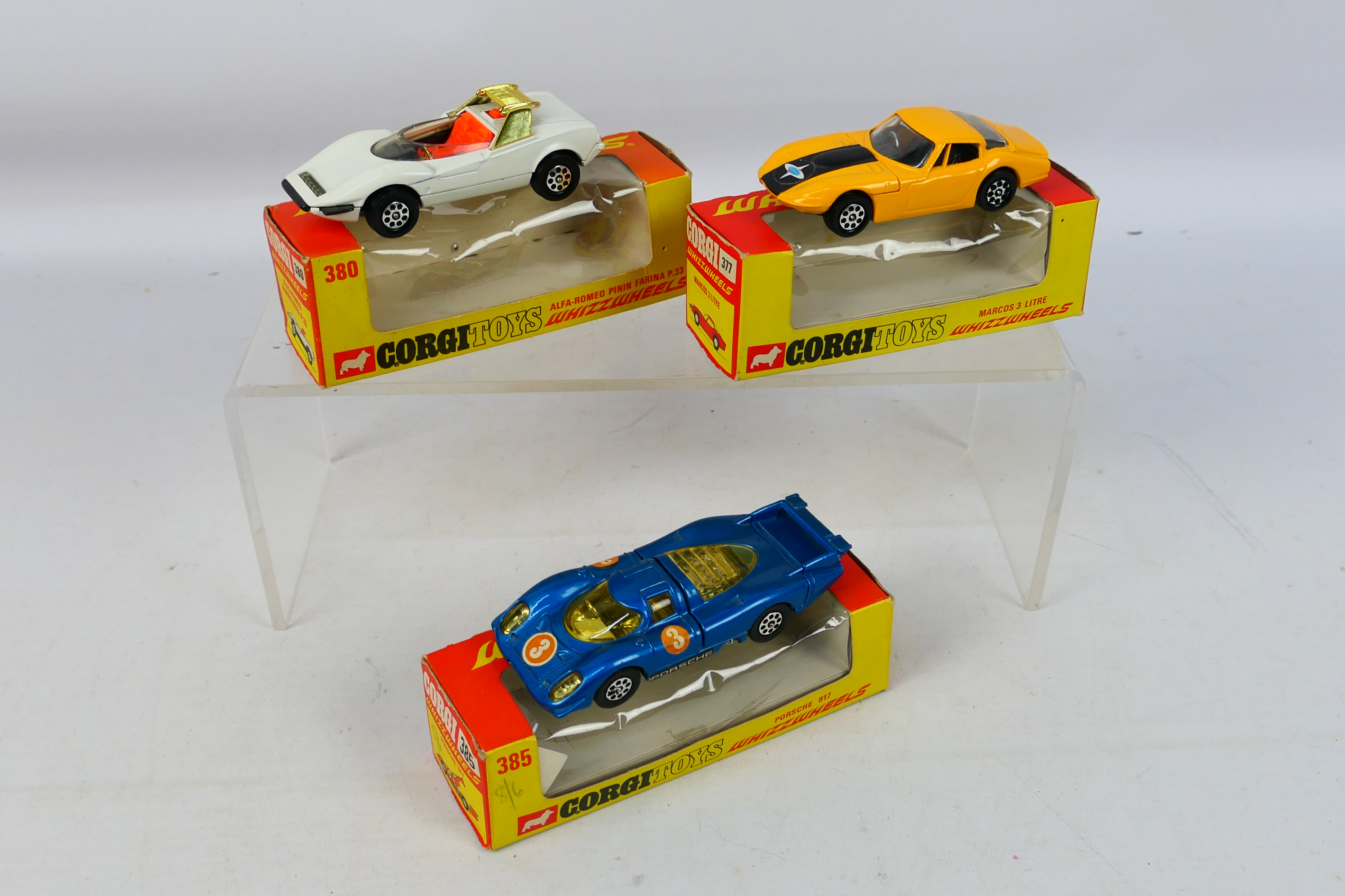 Corgi - 3 x boxed models, Marcos 3 Litre # 377, Alfa Romeo P.33 # 380 and Porsche 917 # 385.
