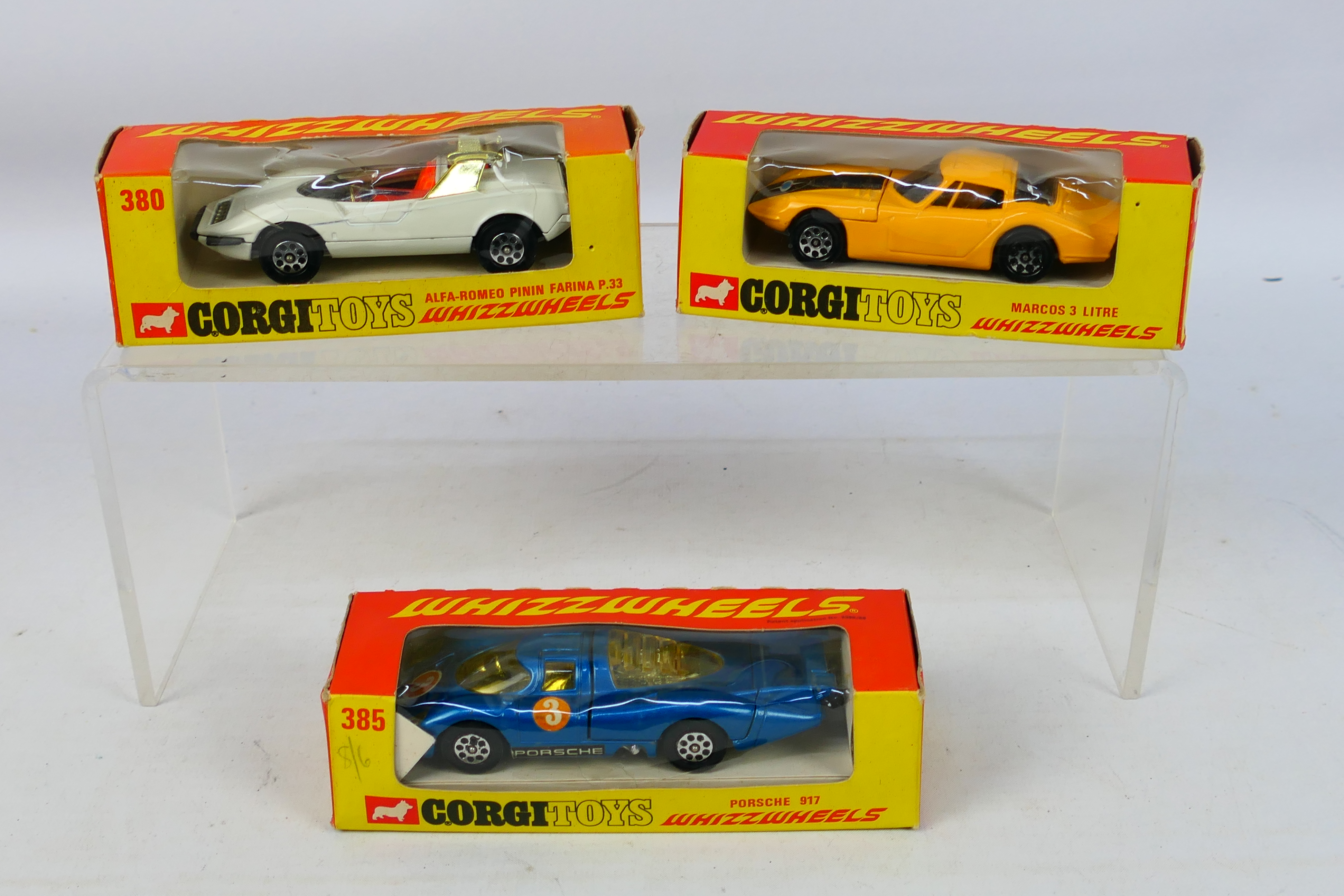 Corgi - 3 x boxed models, Marcos 3 Litre # 377, Alfa Romeo P.33 # 380 and Porsche 917 # 385. - Image 2 of 8