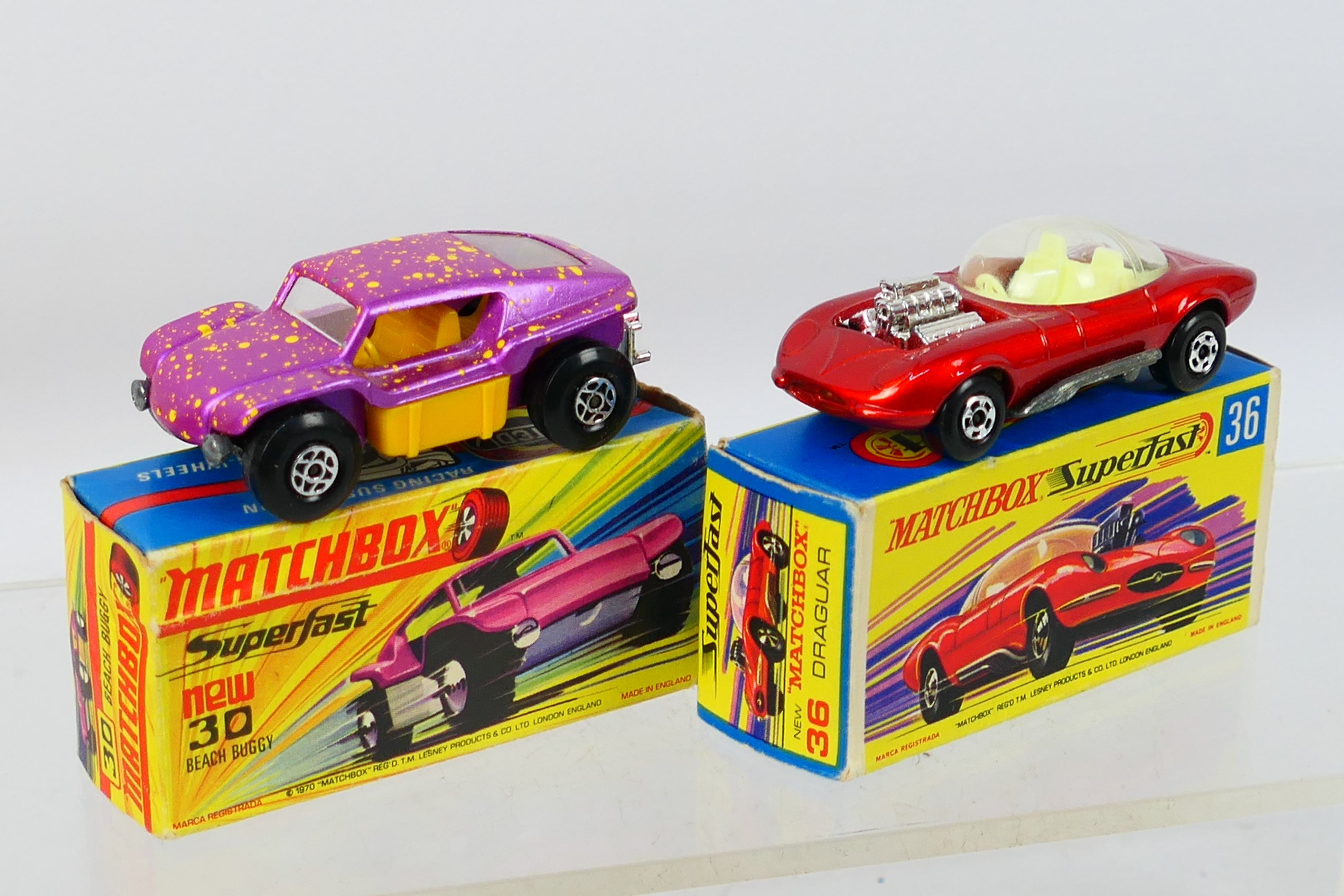 Matchbox - Superfast - 2 x boxed models, Beach Buggy # 30 and Draguar # 36.