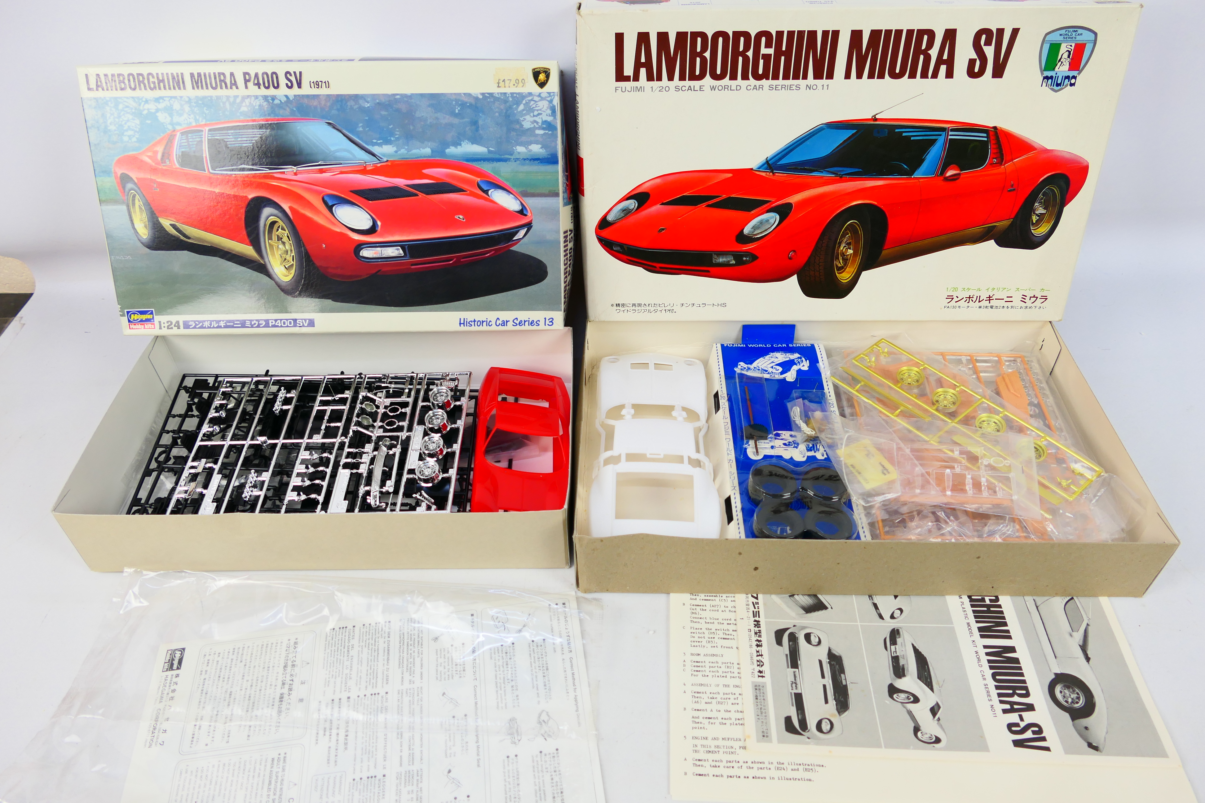 Fujimi - Hasegawa - Two boxed vintage Lamborghini plastic model car kits.