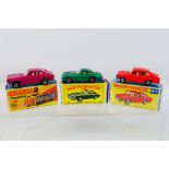 Matchbox - 3 x boxed models, Ford Capri # 54, Volkswagen 1600TL # 67 and Ferrari Berlinetta # 75.
