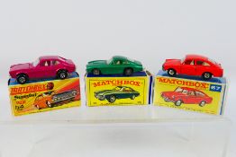 Matchbox - 3 x boxed models, Ford Capri # 54, Volkswagen 1600TL # 67 and Ferrari Berlinetta # 75.