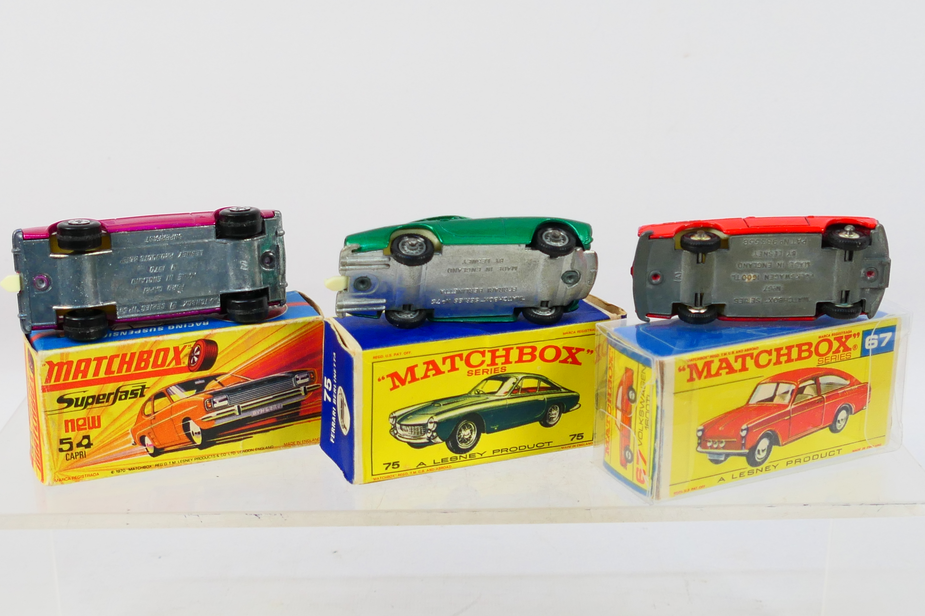 Matchbox - 3 x boxed models, Ford Capri # 54, Volkswagen 1600TL # 67 and Ferrari Berlinetta # 75. - Image 6 of 6