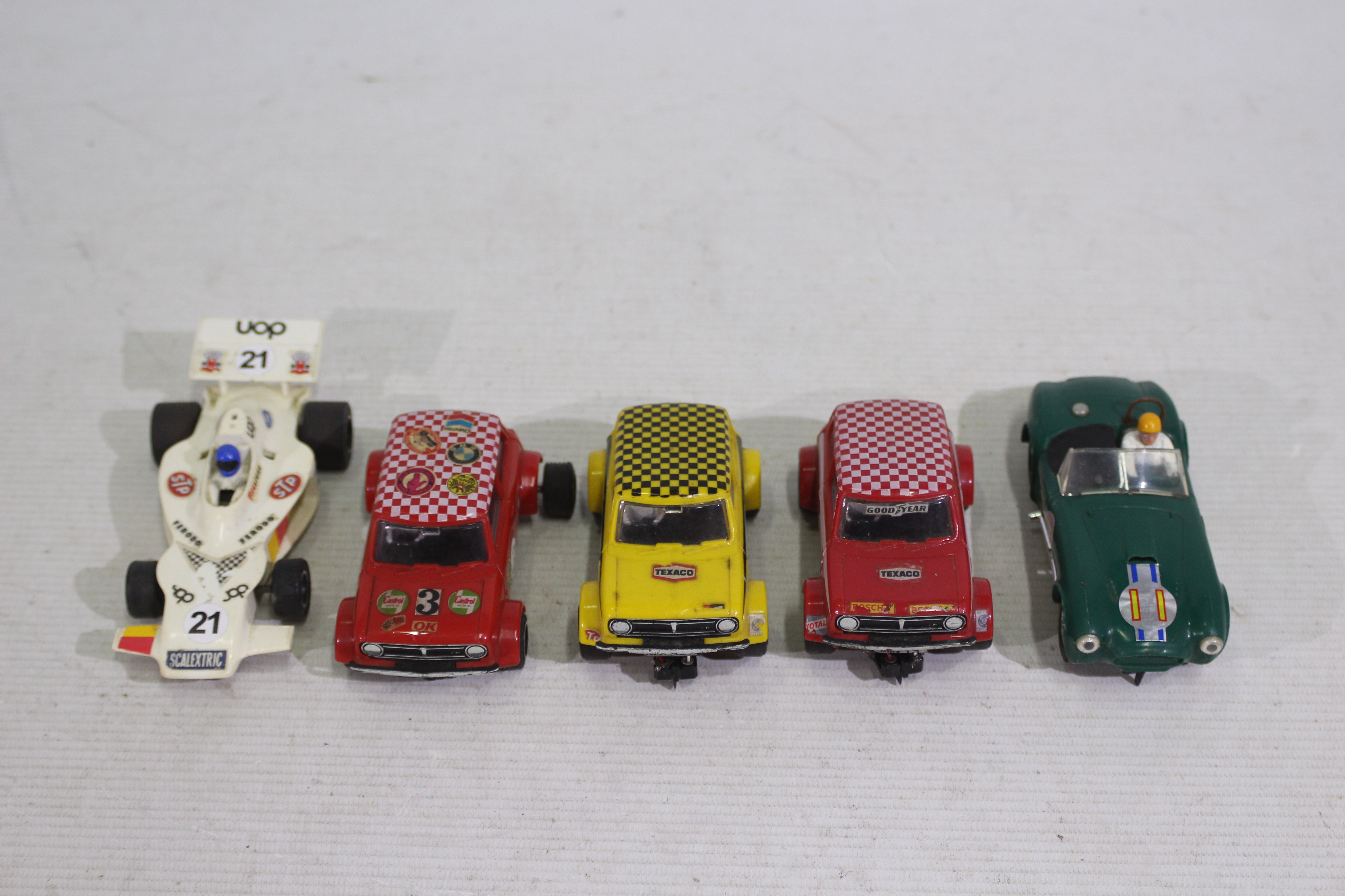 Scalextric - 5 x unboxed vintage slot cars, A.C. Cobra # C.78, Mini Clubman # C.