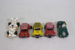 Scalextric - 5 x unboxed vintage slot cars, A.C. Cobra # C.78, Mini Clubman # C.