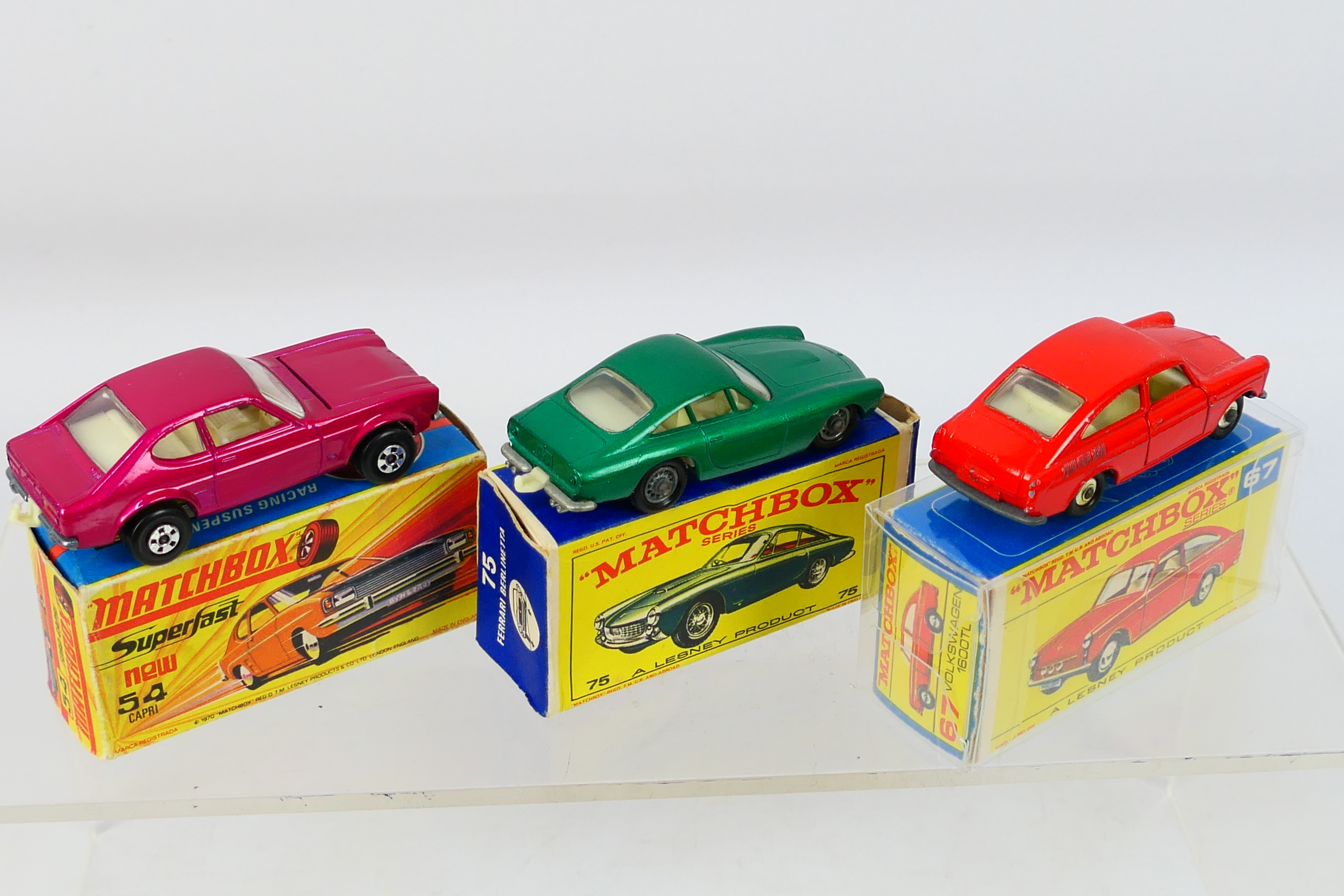Matchbox - 3 x boxed models, Ford Capri # 54, Volkswagen 1600TL # 67 and Ferrari Berlinetta # 75. - Image 5 of 6
