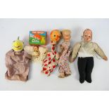 Vintage hand puppets - 3 vintage hand puppets including a bird with plastic head and a clown and a