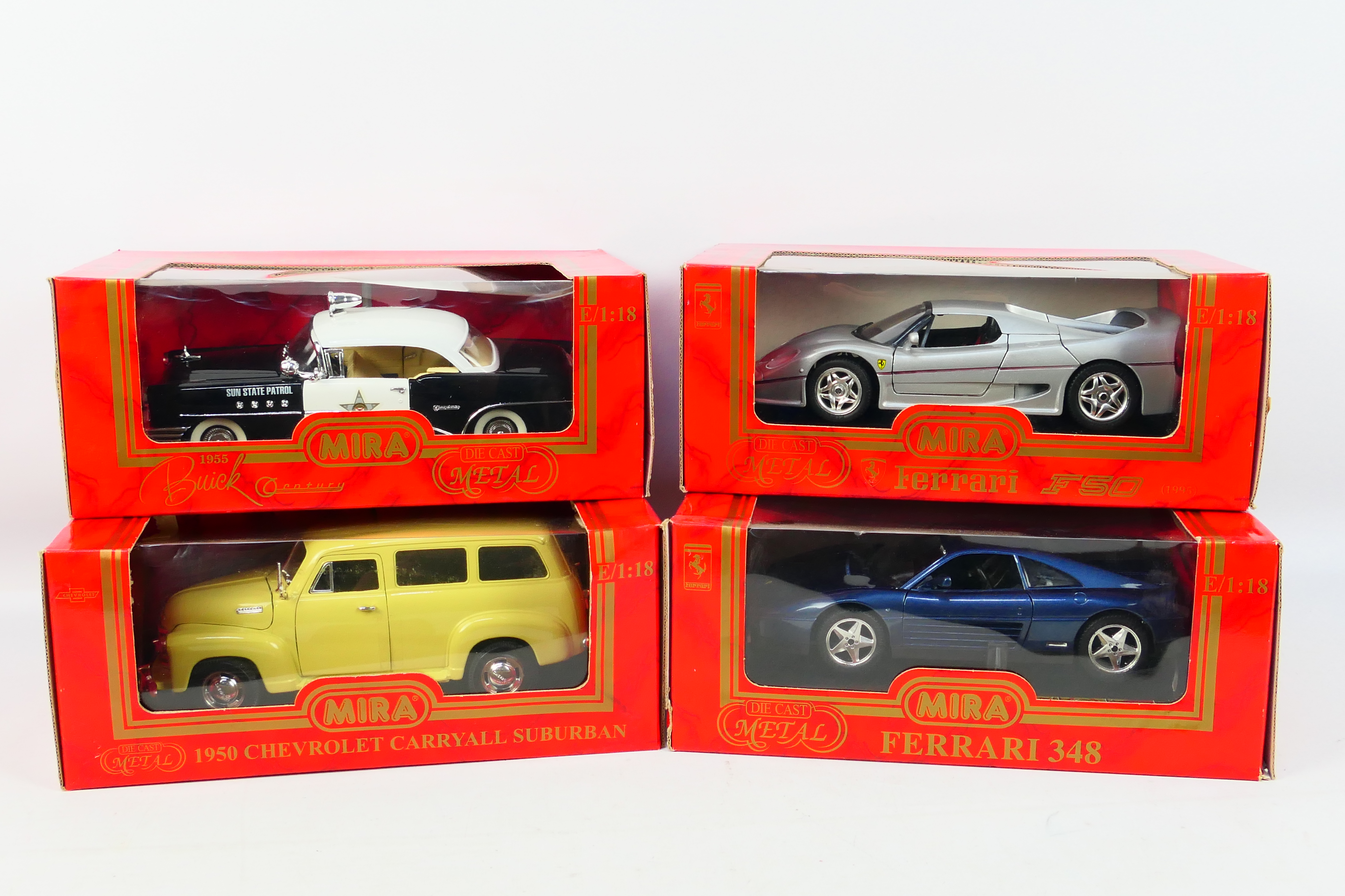 Mira - Four boxed diecast 1:18 scale model cars from Mira.