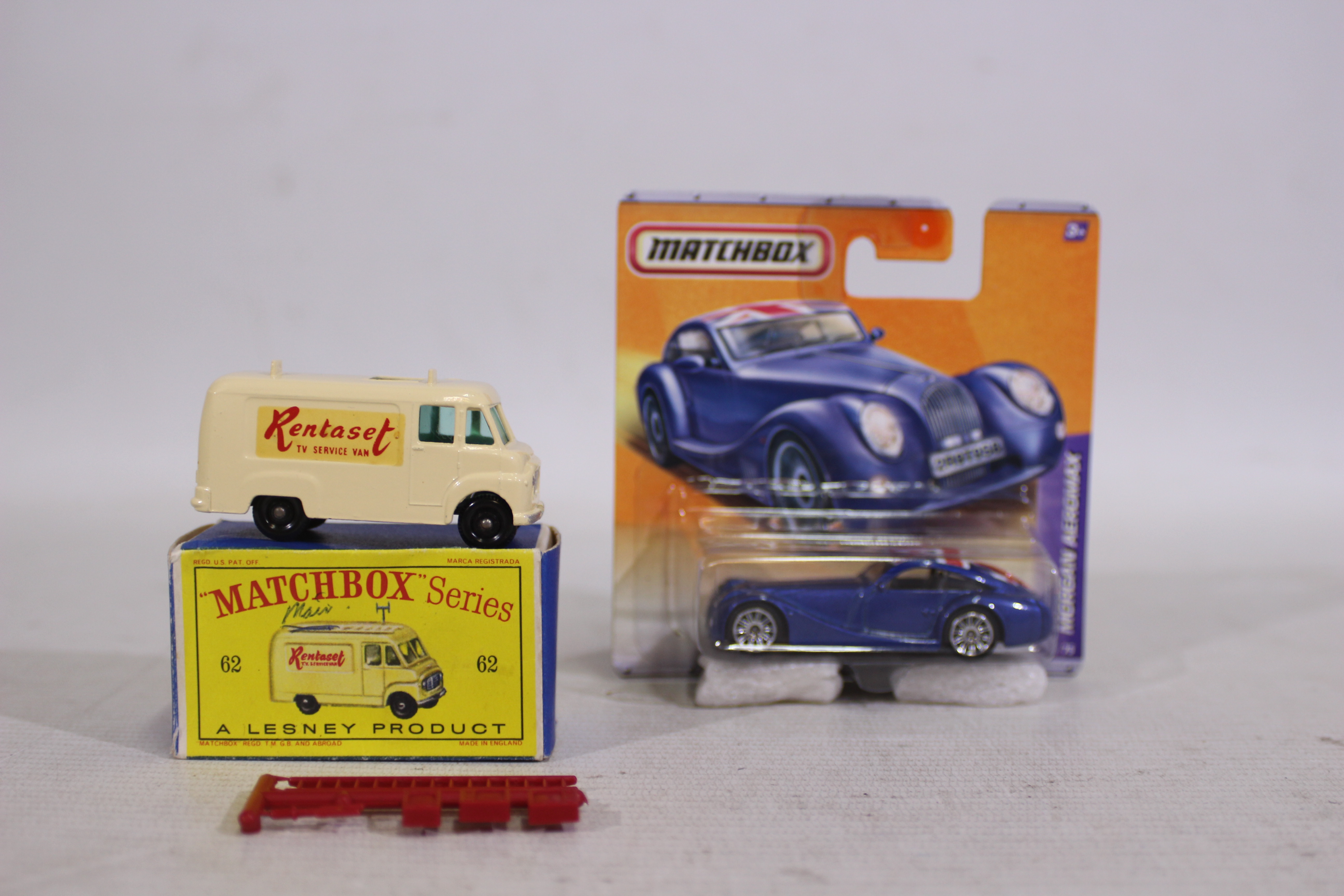 Matchbox - 2 x models, a boxed Commer TV Service van # 62 and a carded Morgan Aeromax # T9299-0818.