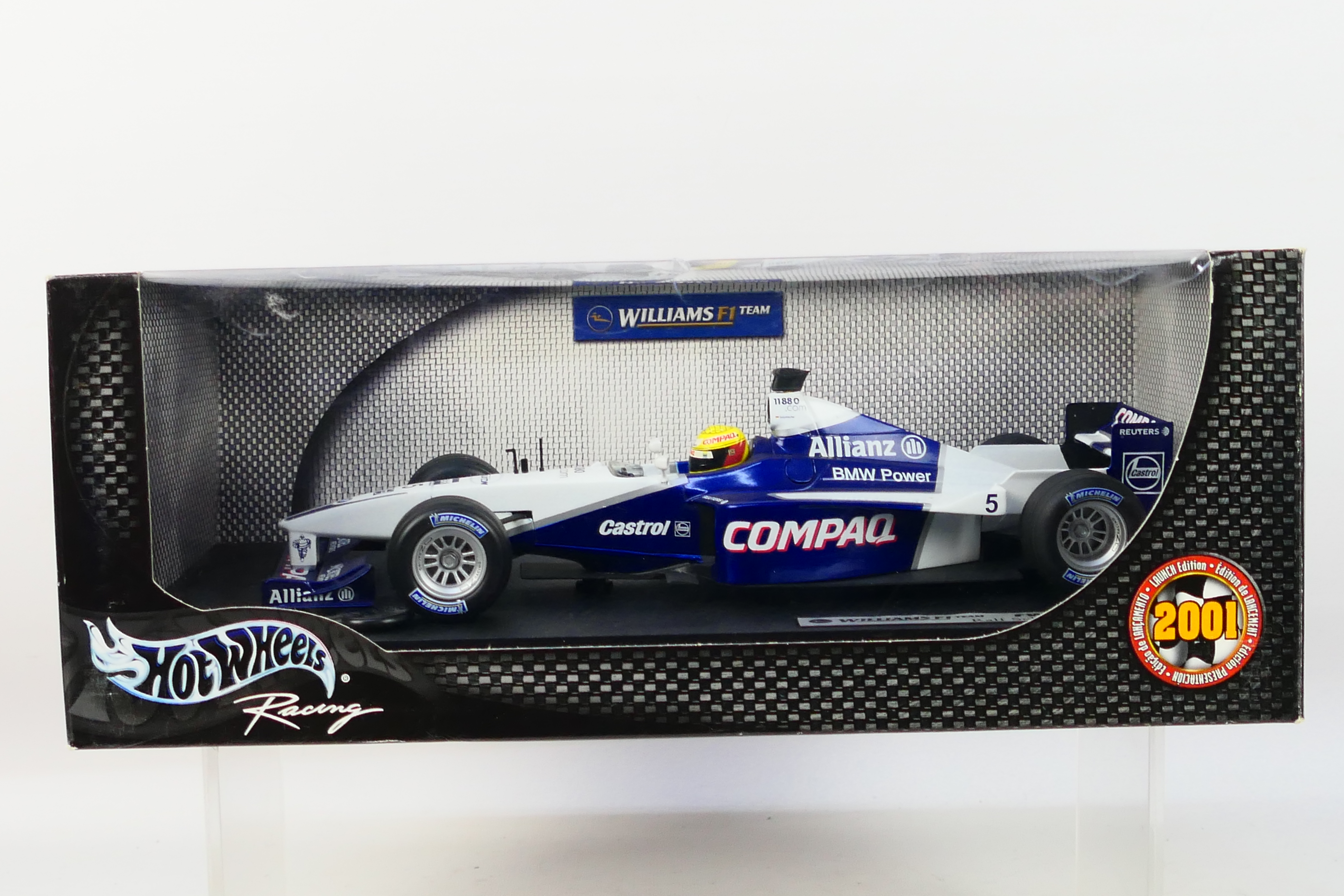 Hot Wheels - A boxed 1:18 scale Williams FW23 Ralf Schumacher 2001 F1 car # 50168.