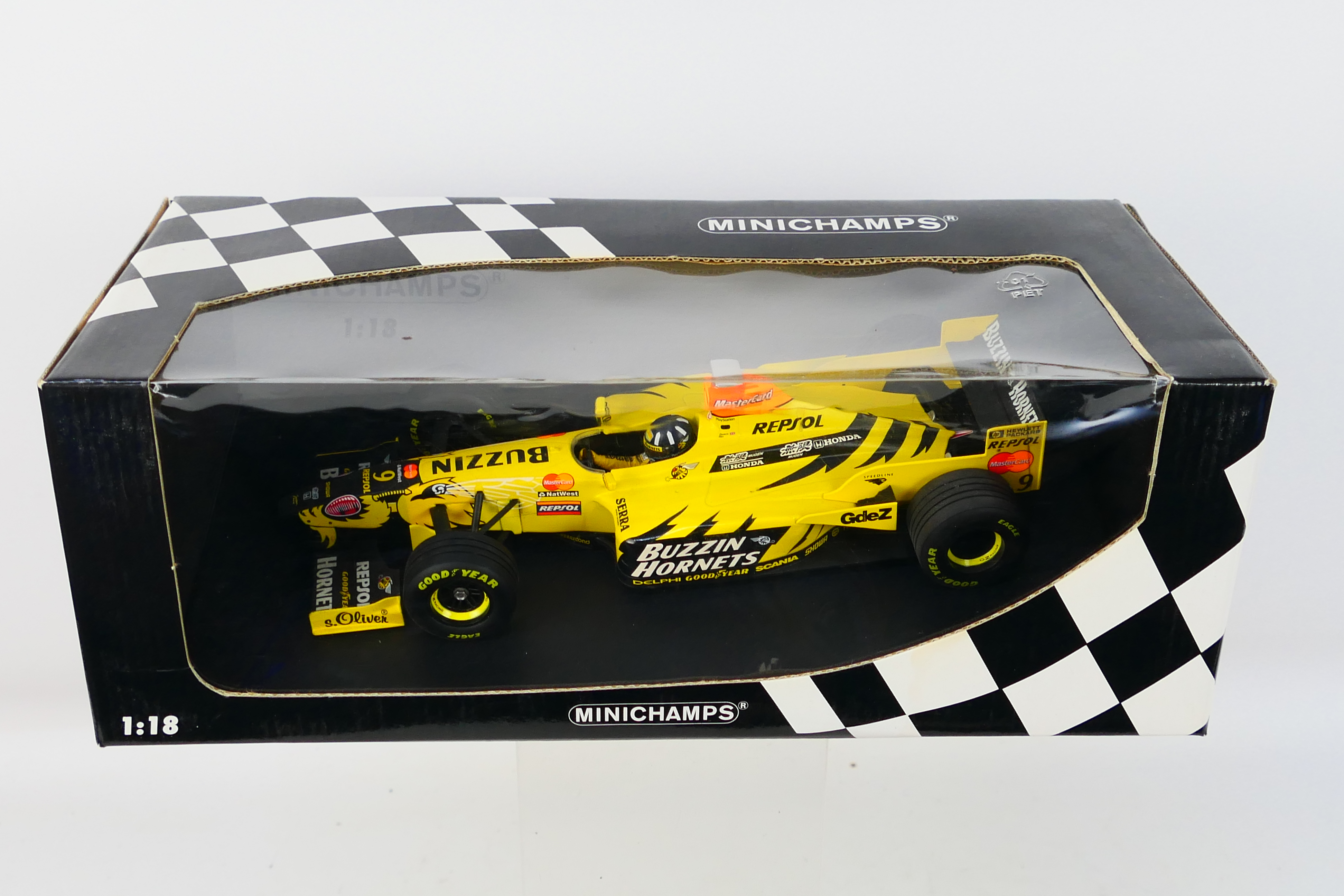 Minichamps- A boxed 1:18 scale Jordan Mugen Honda Damon Hill car which appears Mint in a Good box - Image 3 of 3